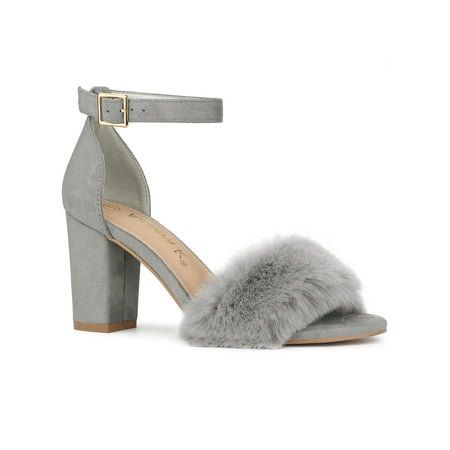 

Unique Bargains Women s Ankle Strap Faux Fur Block Heels Sandals