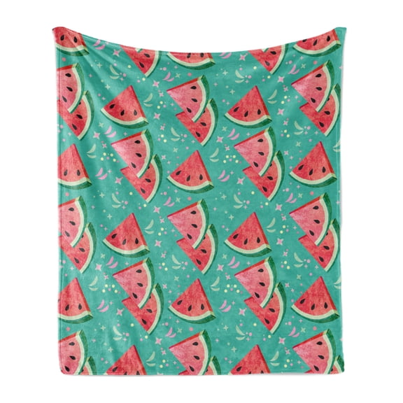 Watermelon Soft Flannel Fleece Throw Blanket, Ornamental Image of Fruit Slices and Abstract Festive Shapes, Cozy Plush for Indoor and Outdoor Use, 50" x 70", Dark Seafoam and Multicolor, by Ambesonne