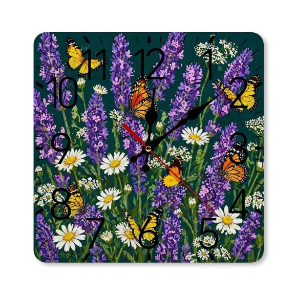 RKSupls 10×10inch Square Silent Wall Clock Wooden Frame, Lavender Daisy Butterfly Scale Decorative Clock for Home Bedroom Living Room Office