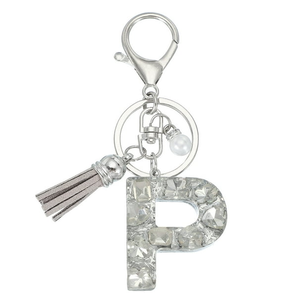 Llave inicial Uxcell con borlas y perla, llavero de letra alfabética brillante P, llaveros de rhinestone con anillo para llaves, bolsos, carteras, llaves de coche, taza, plata