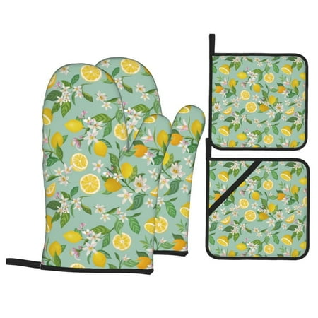 

Oven Mitts and Pot Holders 4 Piece Cute Lemon Purple Flower Leaves High Heat Slip Resistant Oven Mitt and Trivets Set Kitchen Oven Glove Pot Holders for Cooking Baking Grilling