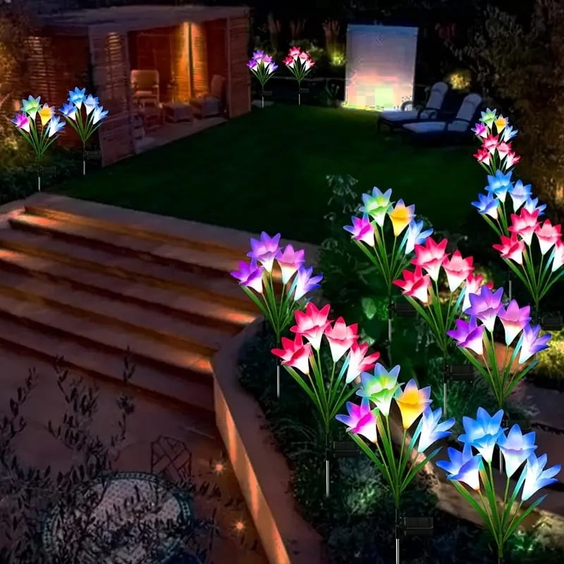 4 Pack Solar Lights With 16 Bigger Artificial Lily Flowers, Multi-Color Changing Lights, Solar Garden Decor Lights For Patio Yard Lawn Pathway