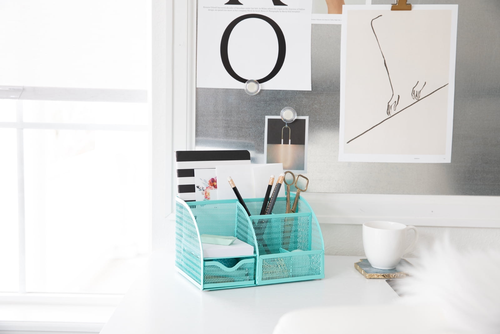 Blu Monaco Unique Metal Aqua Desk Organizer with Drawer