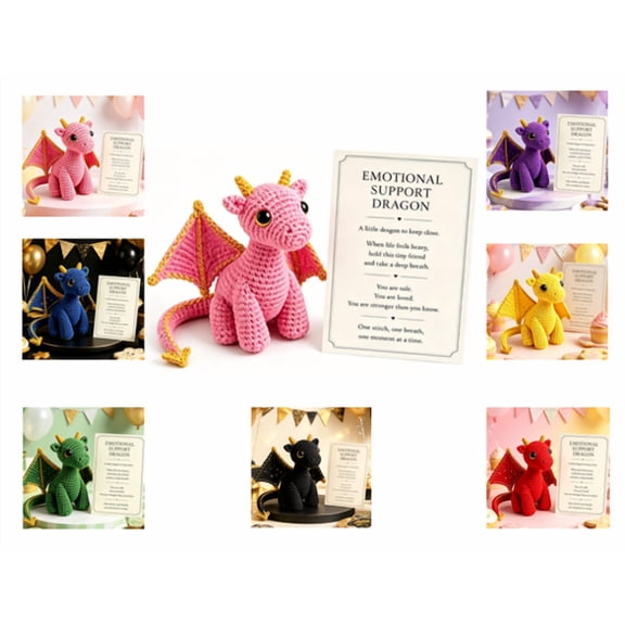 5.9 x 3.1Inch Emotional Support Dragon Comfort Pocket Buddy, Artisan Knitted Dragon Plush Toy with Inspirational Card, Stress Relief Table Accessory, Sweet Fantasy Gift for Coworkers and Collectors