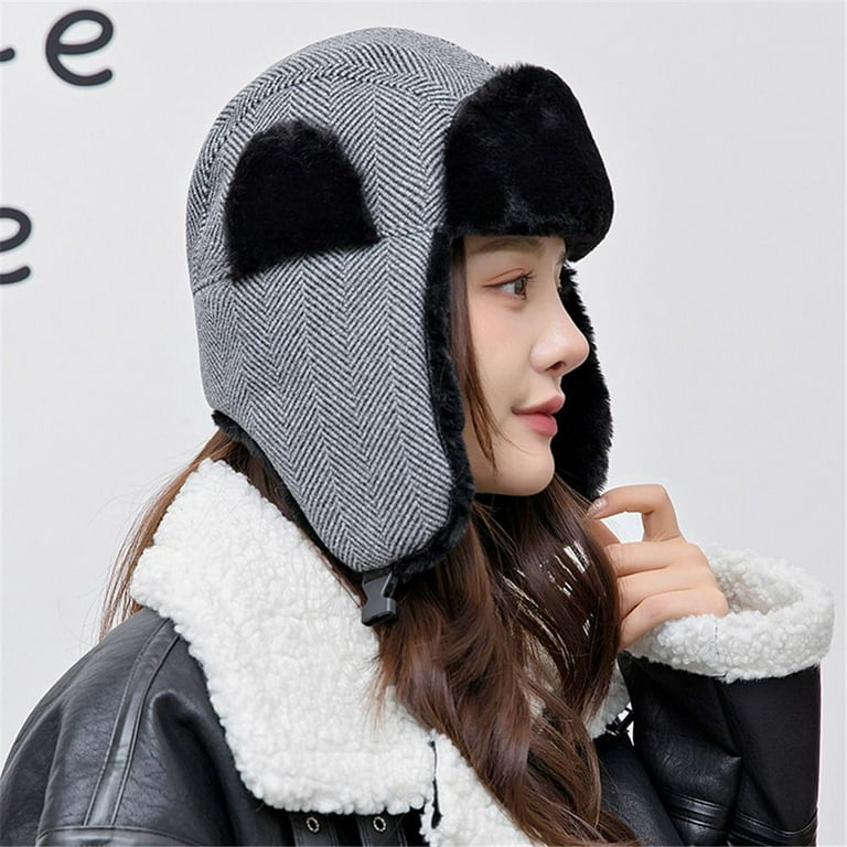 Men Warm Winter Faux Fur Trapper Hat Bomber Hats Earflap Bonnet Ushanka  Russian BLACK 