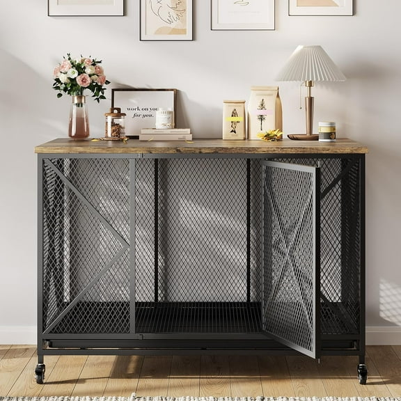 Roromall Heavy Duty Dog Crate with Flip-up Top, 48'' Large Dog Kennel Furniture with Lockable Wheels, Indoor Decorative Pet Cage Side End Table for Large Medium Small Breeds