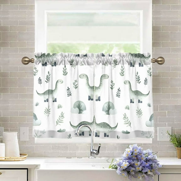 Yayeee Kitchen Curtains Tier Pair Light Filtering 27"x36" Rod Pocket Short Cafe Window Panel, Green Dinosaur Pattern