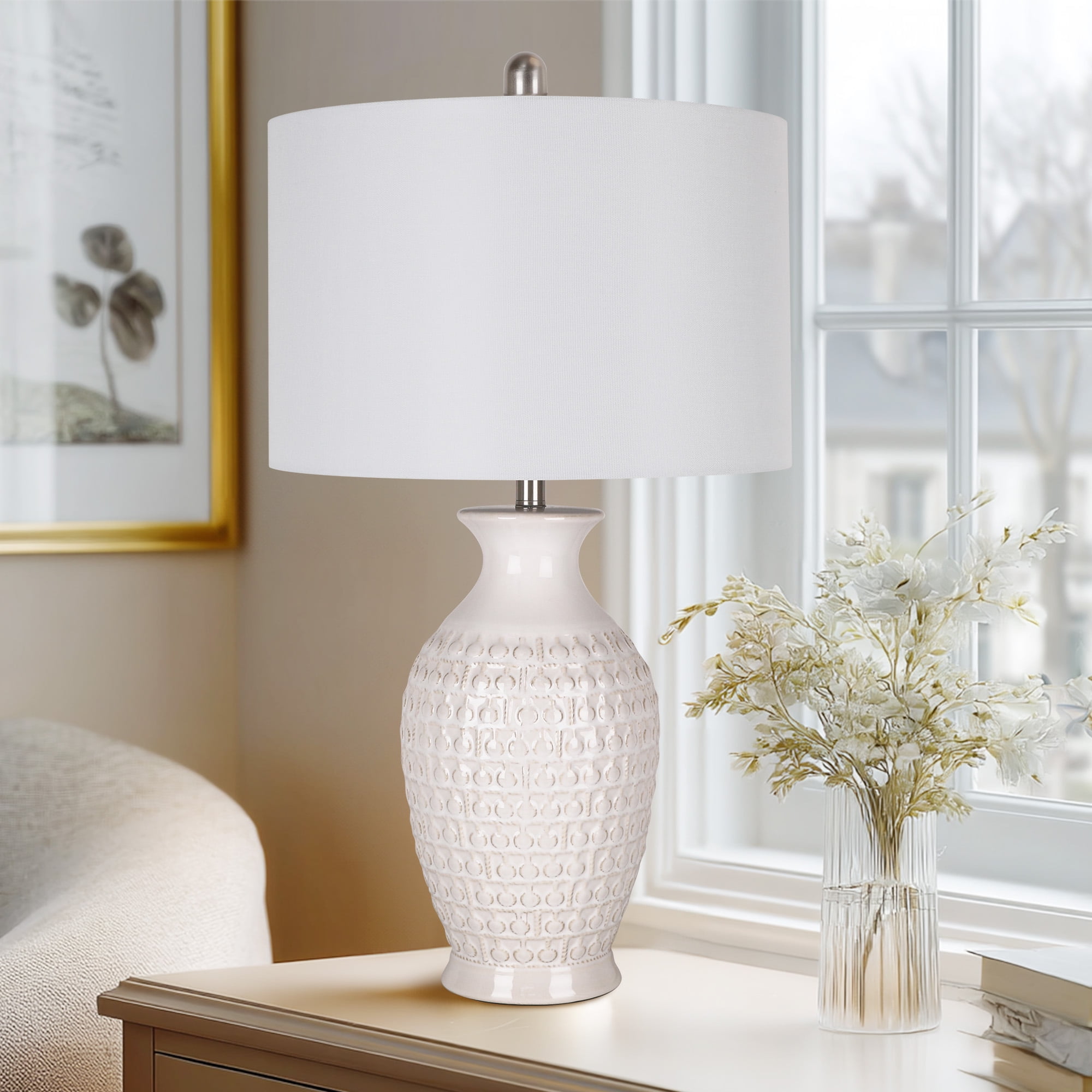28'' Modern Ceramic Table Lamp 1 Pack, Tall Bedroom Lamp Nightstand Lamp with Bulb
