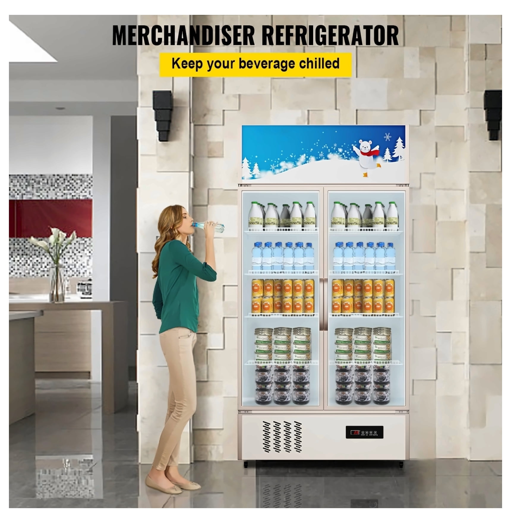 Commercial Refrigerator 23 cu.ft. Glass Door Display Fridge, Beverage Cooler for Store, Home, Office, Gym - LED Lit, Double Swing Door