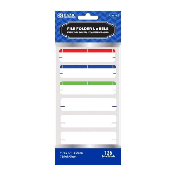BAZIC File Folder Label 2 3/4"X3/5" White Labels & Color Code (126/Pack), 1-Pack