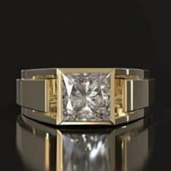 14K Yellow Gold Plated Silver 2 Ct Princess Cut Simulated Diamond Men's Solitaire Ring