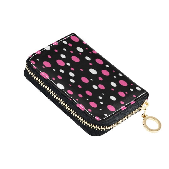 PU Leather Zipper Card Case Credit Card Holder Small Wallets Pink and White Polka Dots