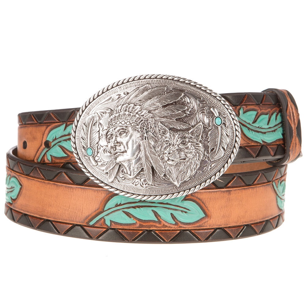 Ariat Ariat Women's Turquoise Feather Chief Wolf Buckle Belt, Brown
