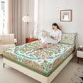 thumbnail image 4 of Feelyou Adult Bohemian Damask Queen Sheet Sets, Green Orange Flower Floral Flat Sheet, Tribal Paisley Mandala Queen Fitted Sheet, Microfiber Bedroom Decor, 4 Pieces, 4 of 7