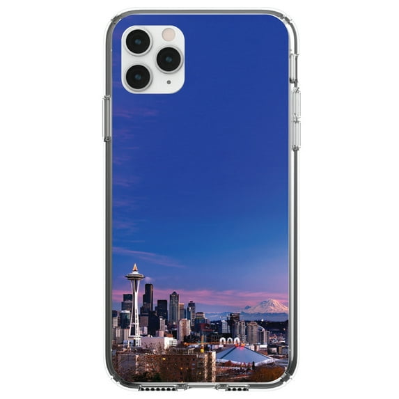 DistinctInk Clear Shockproof Hybrid Case for iPhone 11 (6.1" Screen) - TPU Bumper, Acrylic Back, Tempered Glass Screen Protector - Seattle Skyline Night - Show Your Love of Seattle