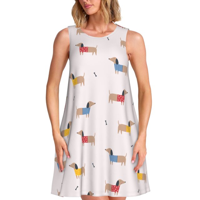 Easygdp Dachshund Dog Puppy para Vestido Transpirable de Mujer, Vestido Suelto de Manga Corta con Pliegues y Bolsillos para el Verano