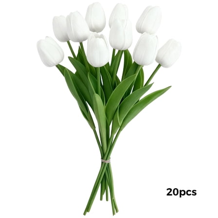 20 Pcs White Tulips Artificial Flowers, PU Faux Flowers with Realistic Touch, Elegant Tulip Bouquet for Home, Wedding, Parties Decorations, 13 in / 33 cm Tall