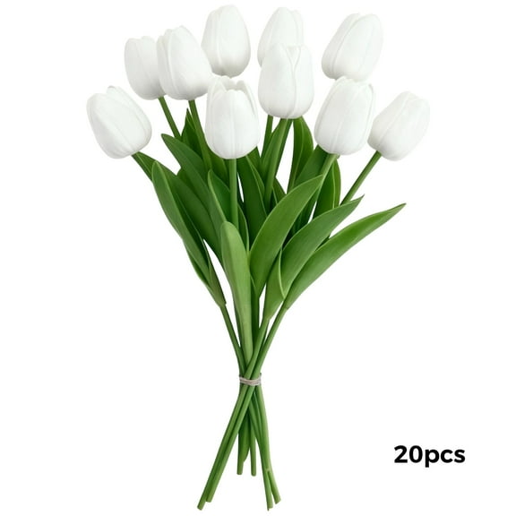 20 Pcs White Tulips Artificial Flowers, PU Faux Flowers with Realistic Touch, Elegant Tulip Bouquet for Home, Wedding, Parties Decorations, 13 in / 33 cm Tall