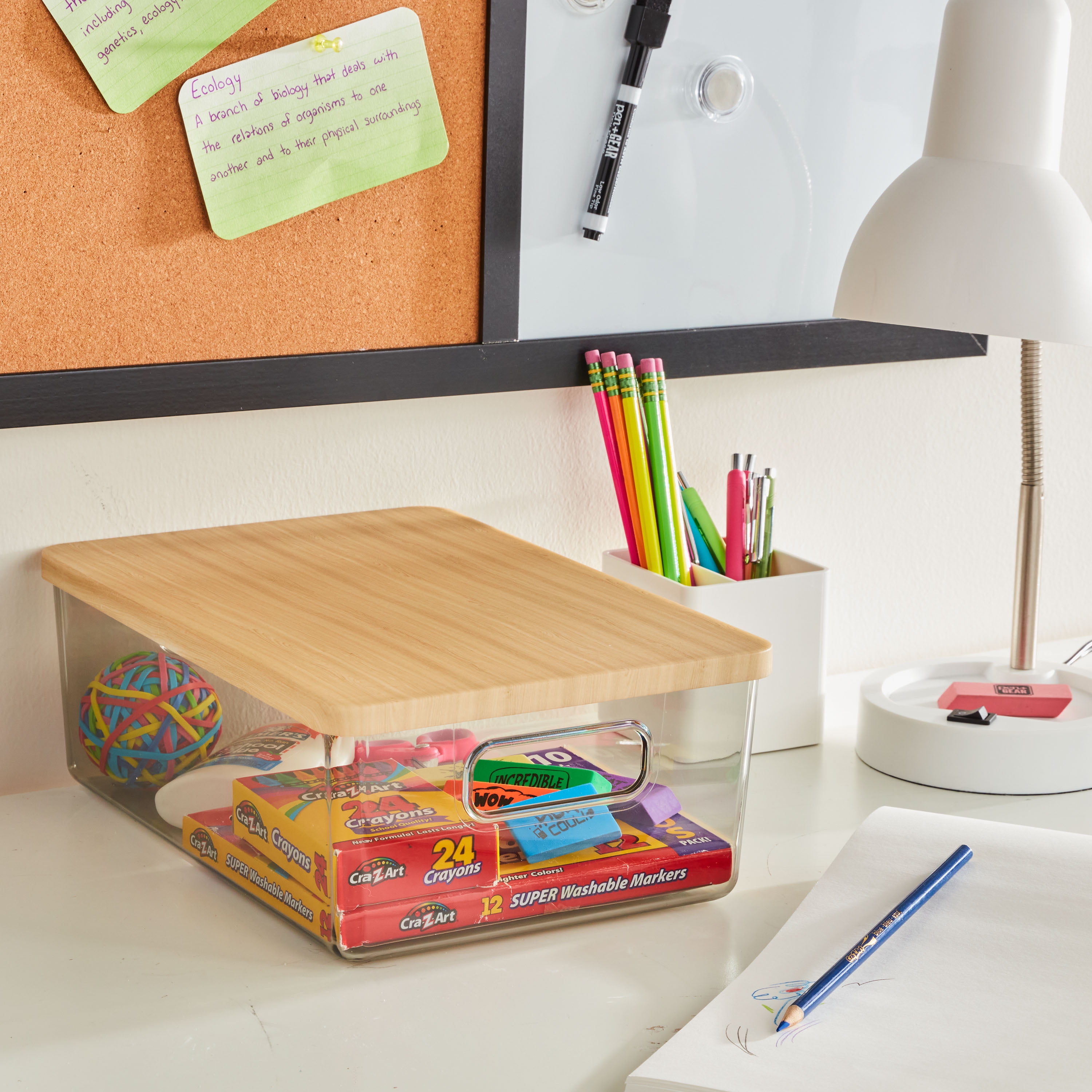 Pen+Gear Organizational Storage Box with Woodgrain Pattern Lid, Silver