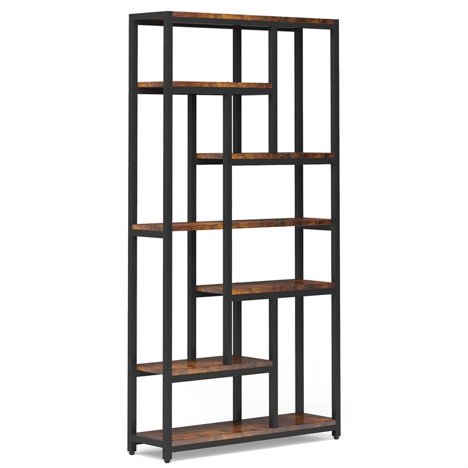 Demi Bonn 7 Tier Bookshelf, Wood and Metal Bookcase Storage Organizer, 79" Tall Display Standing Shelf Unit for Bedroom, Living Room, Brown
