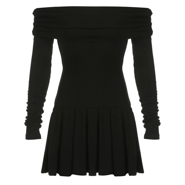 Vestido mini de estilo grunge de Fairycore, con hombros descubiertos, manga larga, plisado, elegante, ajustado, color liso, para fiesta.