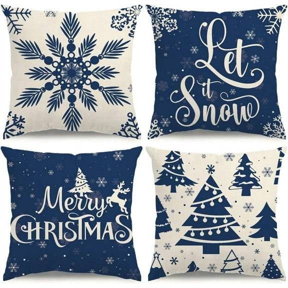 Christmas Pillow Covers 18x18 Blue Christmas Decorations Snowflake Throw Pillow Covers Xmas Tree Winter Holiday Decor Cushion Case for Sofa Couch Set of 4