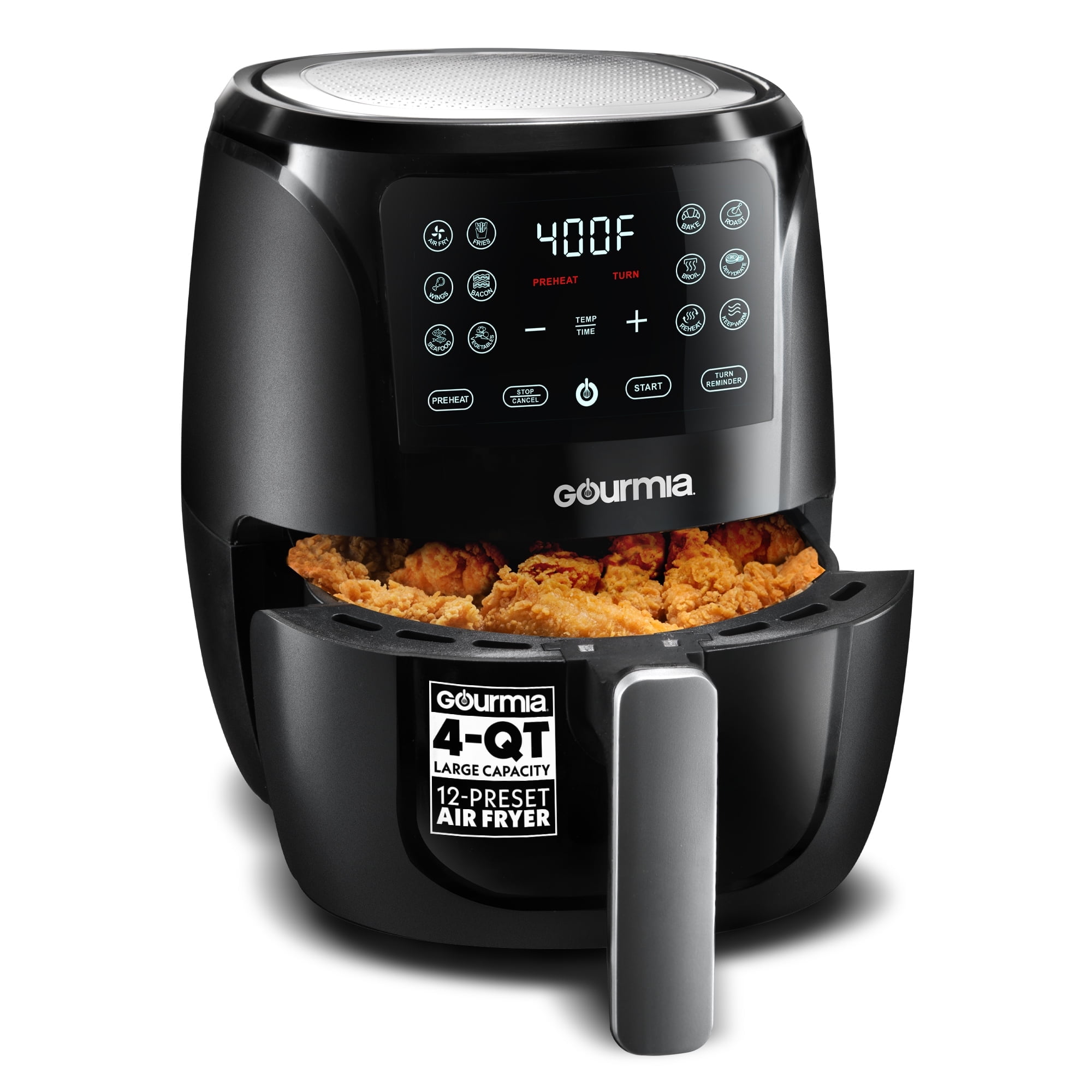 Gourmia 4 Qt Air Fryer, 12 Presets, Digital Display, FryForce 360°, Compact, Black