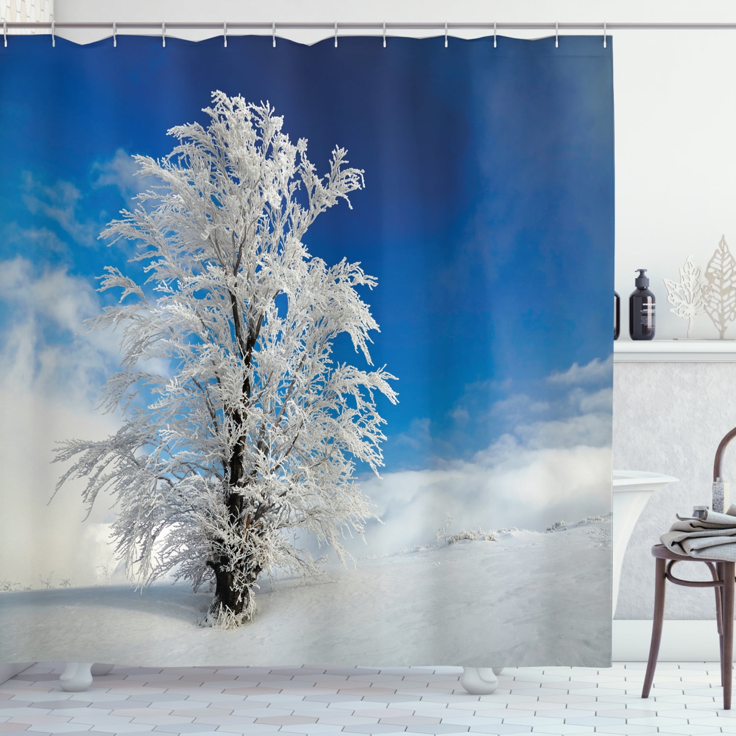Winter Shower Curtain, Lonely Tree on Snow Covered Land Cloudy Sky