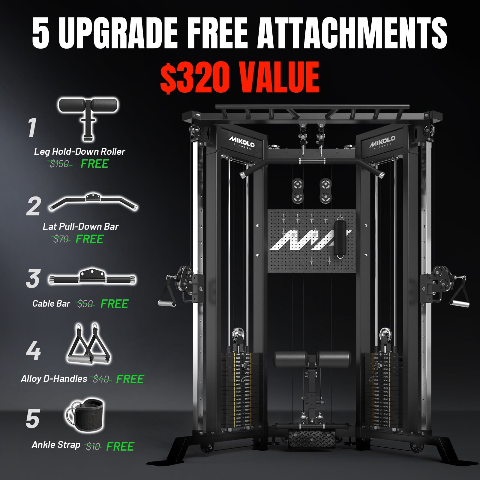 Mikolo Cable Crossover Machine Falcon with 400lbs Weight Stack, Functional Trainer with Independent Double Pulley System, 2000lbs Multi-Functional Chest Fly Machine, Lat Pulldown Machine