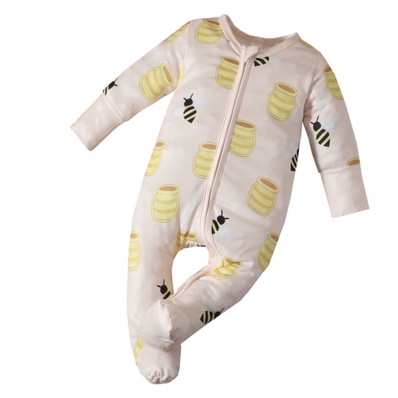 MEZZALL Baby Bee Honey Jar Print Footed Zipper Jumpsuit Long Sleeve Full Zip Footed Romper Soft Sleep Onesie