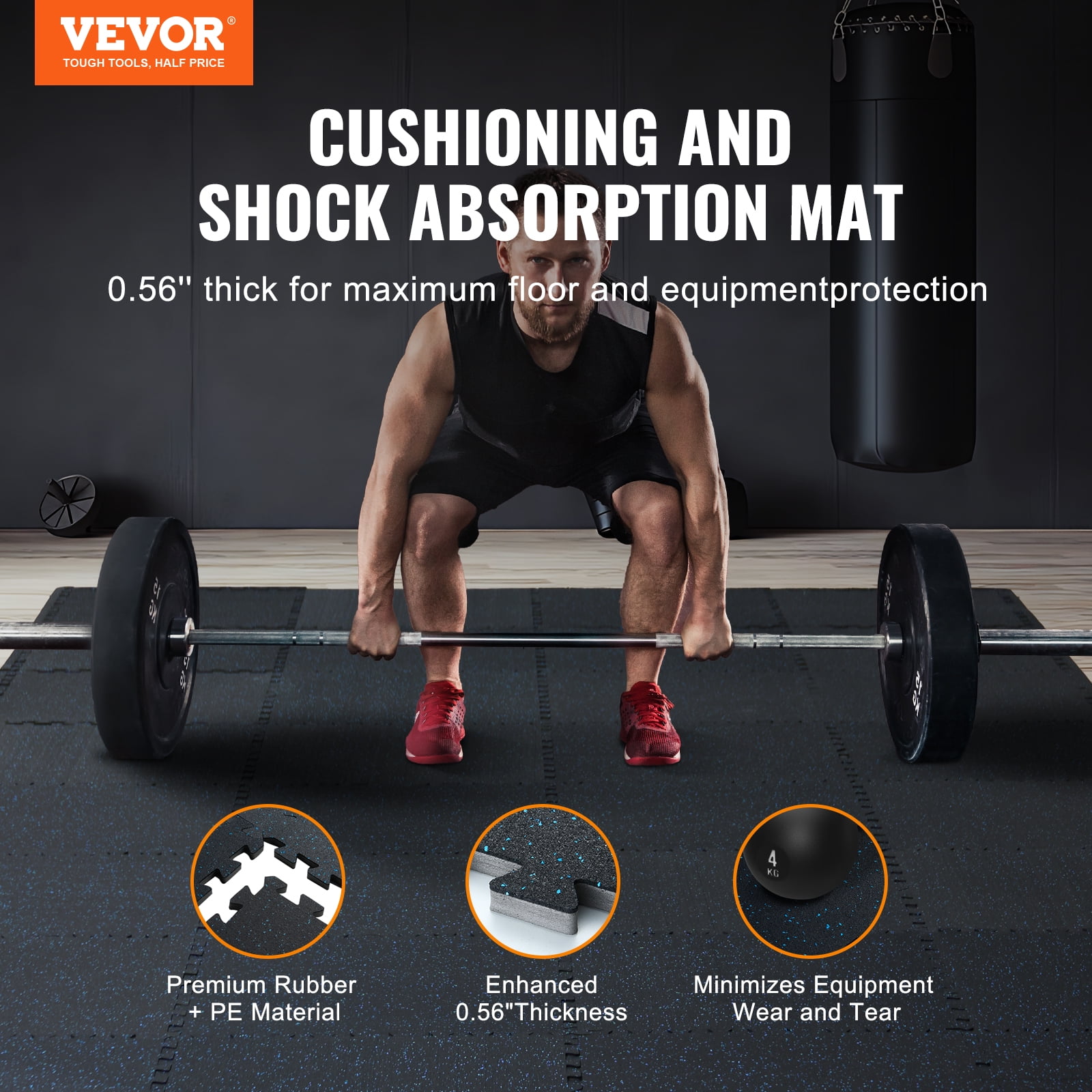 VEVOR 0.56 Inch Thick Gym Floor Mats, 25 Tiles Rubber Top with EVA Foam, 24" x 24" Gym Flooring Workout Mats with 100sq.ft Coverage, Interlocking Puzzle Gym Mats for Gym, Home, Garage, Black & Blue