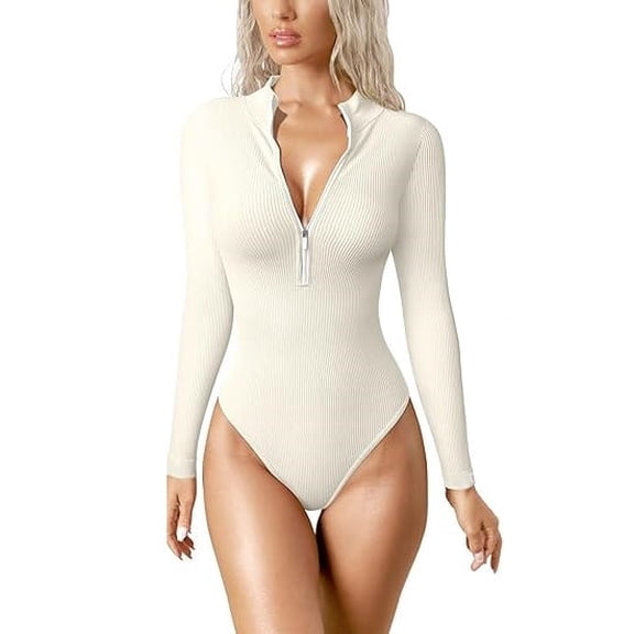 Scacto Womens Long Sleeve Bodysuit Shirts Turtle Neck Zip Up Ribbed Tight Jumpsuit Tops Fall Outfits Clothes