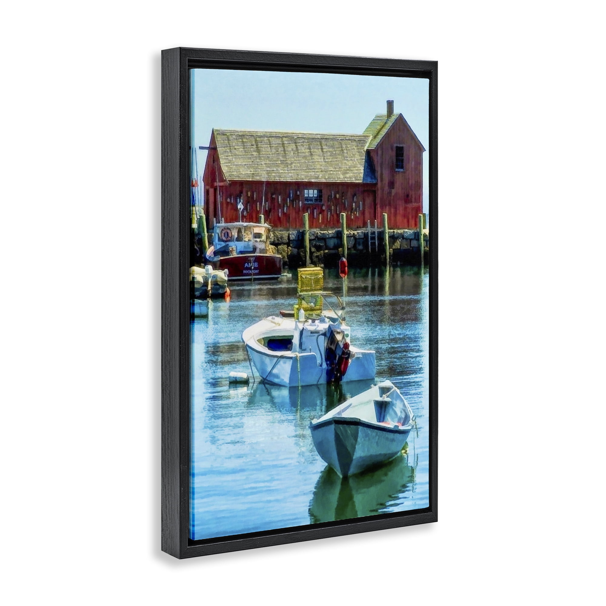 Stupell Industries Tranquil Boat Harbor Landscape & Nature Painting Black Floater Framed Canvas Art Print Wall Art, 21 x 31