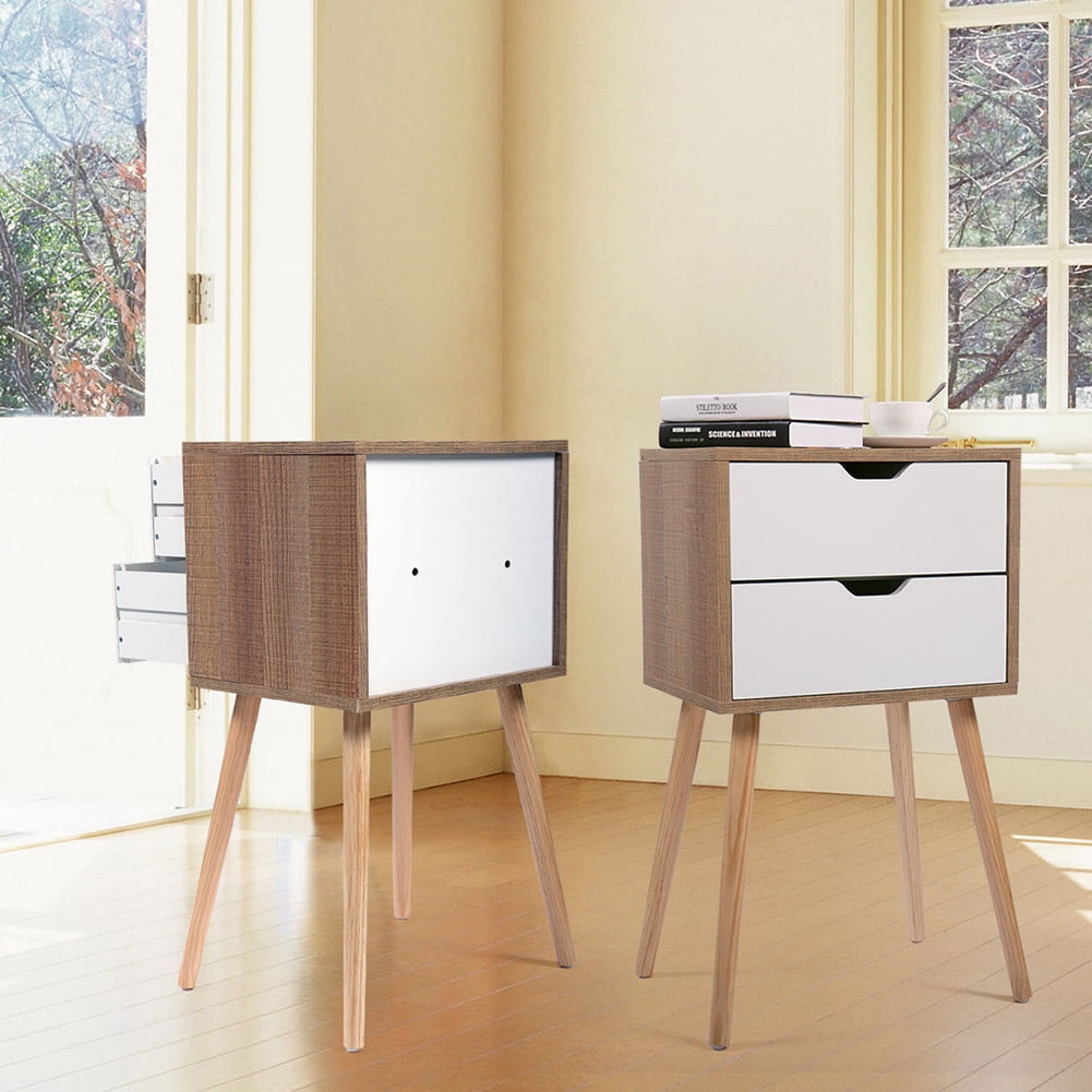 Kepooman 2 Pieces Drawer Chest for Living Room, Modern Design Nightstand for Bedroom, Solid Wood End Table for Hallway, White