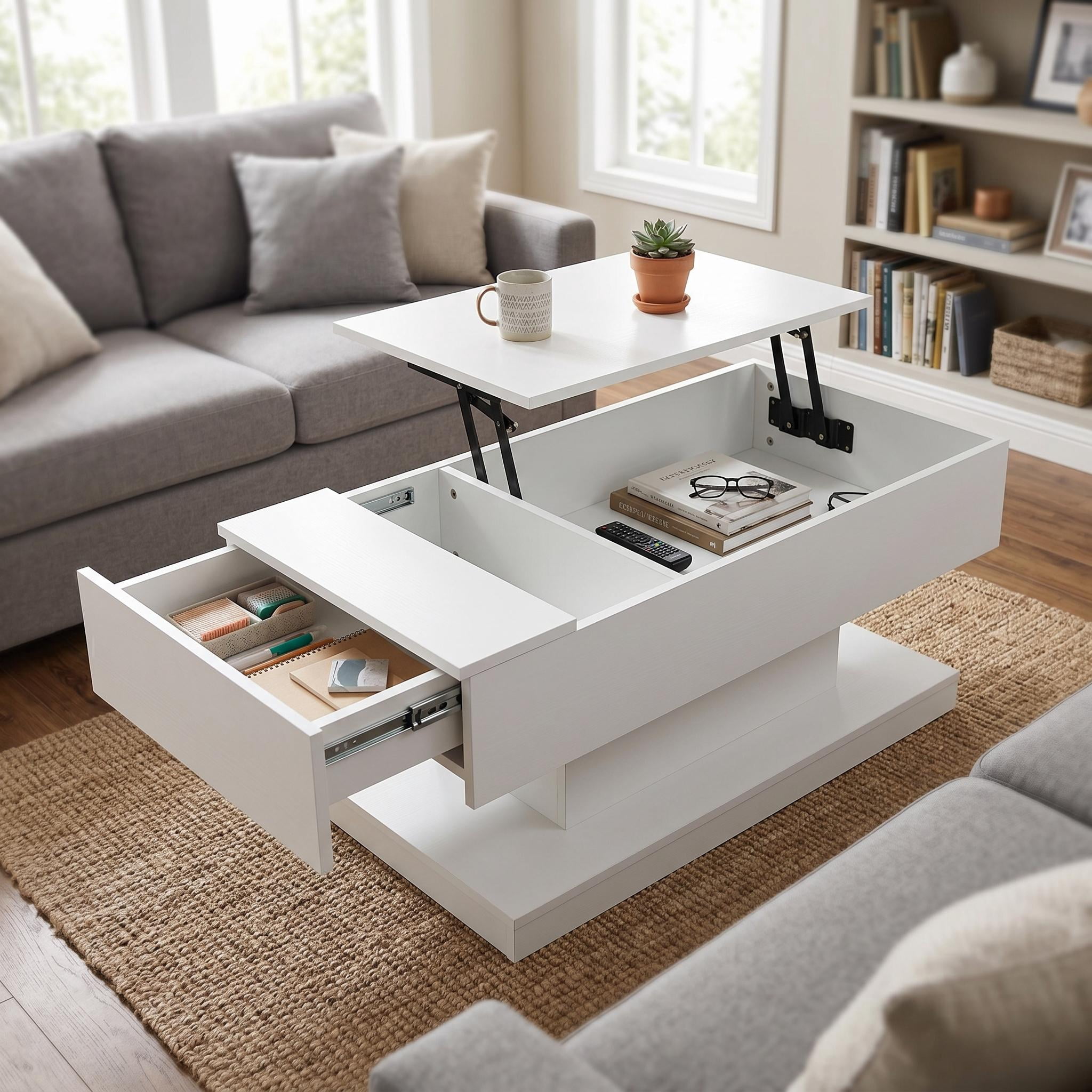 Homy Casa Lift Top LED Coffee Table, High Gloss White, Sliding Top, Storage, Bluetooth App