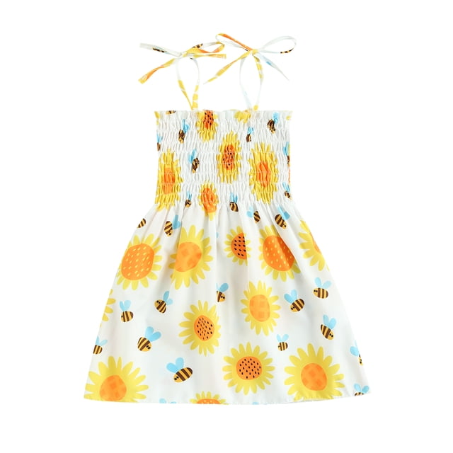 xiaxaixu Robe d'Été Mignonne Imprimée Sans Manches à Bretelles Spaghetti Smockée Marguerite Robe Sans Manches pour Petites Filles Robe d'Été