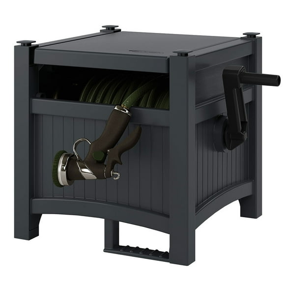 Suncast 100 Foot Slide Trak Hose Hideaway Resin Storage, Cyberspace Grey