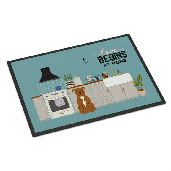 Brown Staffordshire Bull Terrier Kitchen Scene Indoor or Outdoor Mat 18x27 CK7751MAT