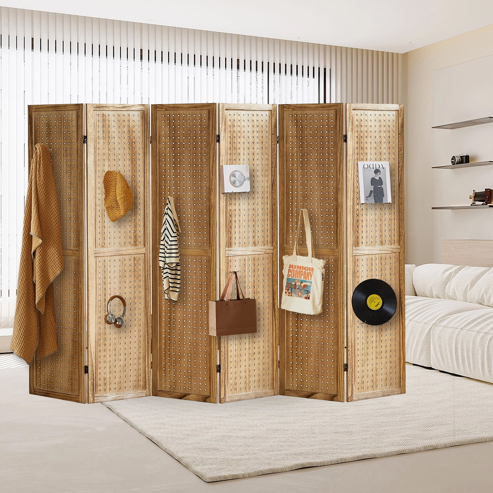 Aletheiawu 6 Panel Display with 24 Hooks, Wood Room Divider Wall, No Installation, Light Brown