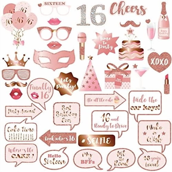 16th Birthday Party Photo Booth Props and Signs, Rose Gold 16 Birthday Party Selfie Props Kit with Sticks for Girls Women, Sweet Sixteen 16th Happy Birthday Party Decorations Supplies Favors