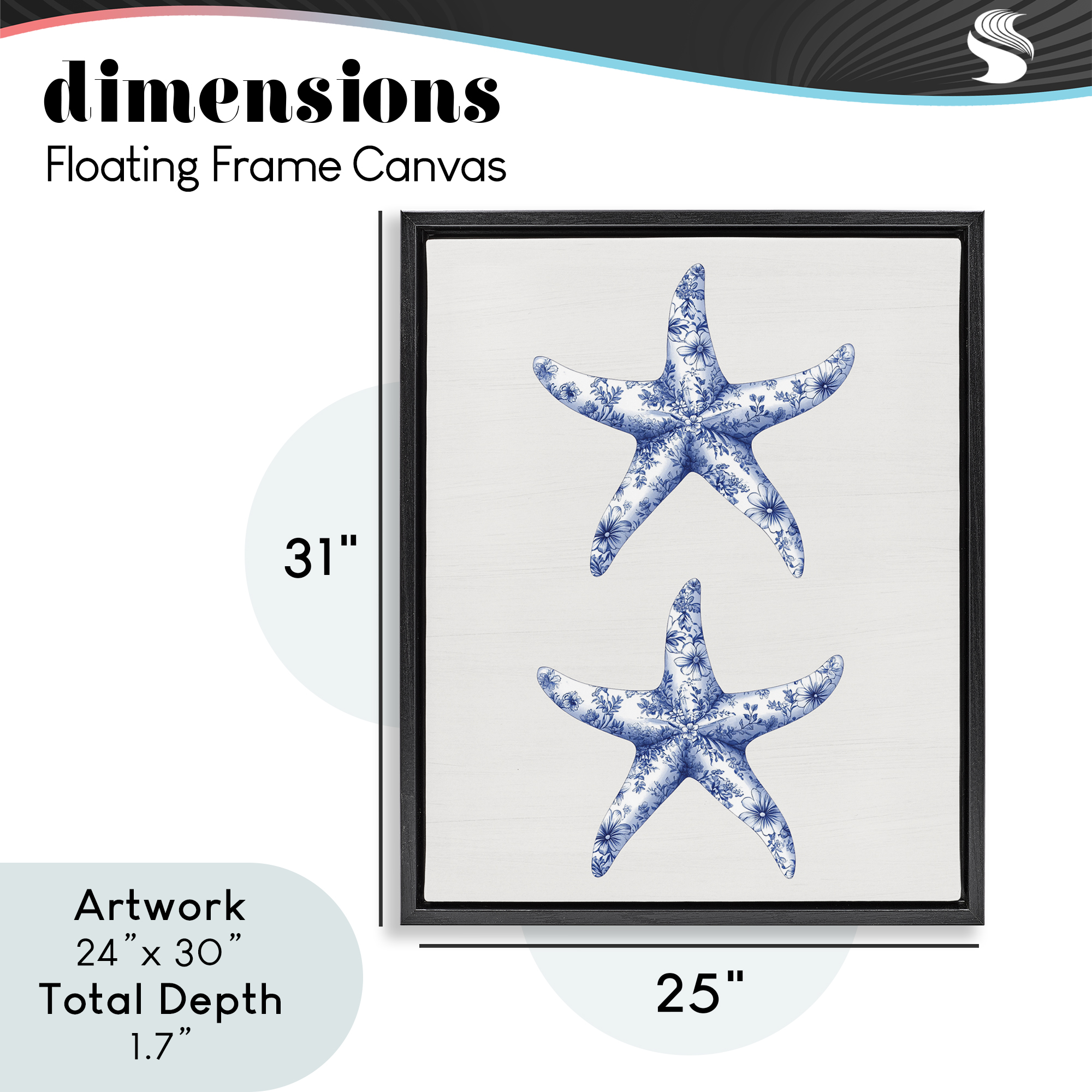 Vintage Toile Starfish Black Framed Floater Canvas Wall Art, design by Lettered and Lined