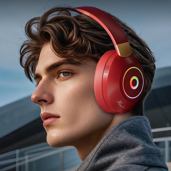 Outoloxit Over Ear Headphones, Bluetooth Headset Wireless Earphone Head Mounted RGB Light Emitting Foldable Sponge Soft Leather Ear Cover, Red