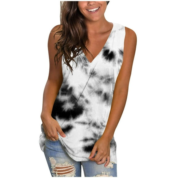 gakvbuo Summer Plus Size Tank Top for Women Summer Tops Dressy Casual Trendy V Neck T Shirts Rolled Sleeveness Tie Dye Gradient Printed Side Split Vest Blouse Tee