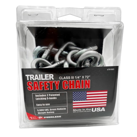 Trailer Safety Chain, 1/4" x 72", Latching S-Hooks, Peerless Chain Company, #4751503