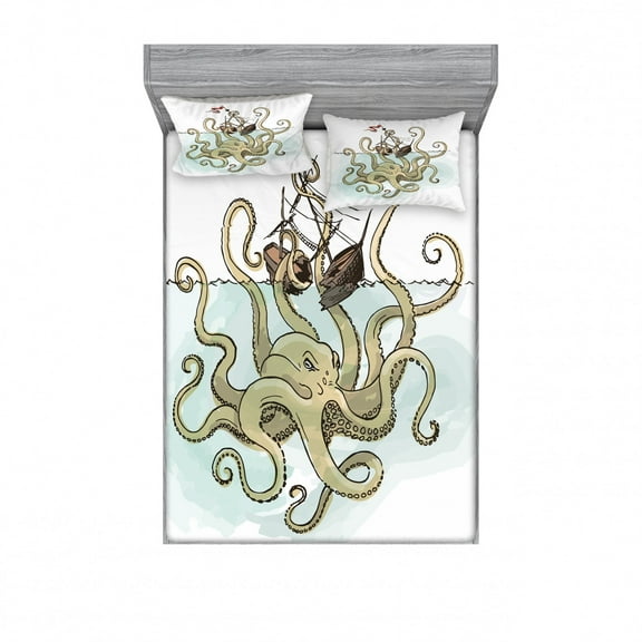Kraken Bedding Set with Sheet & Covers, Octopus Sinking the Pirate Ships Greek Myth Fish Culture Cartoon Artwork Image, Printed Bedroom Decor 2 Shams, 4 Sizes, Tan Pale Green, by Ambesonne