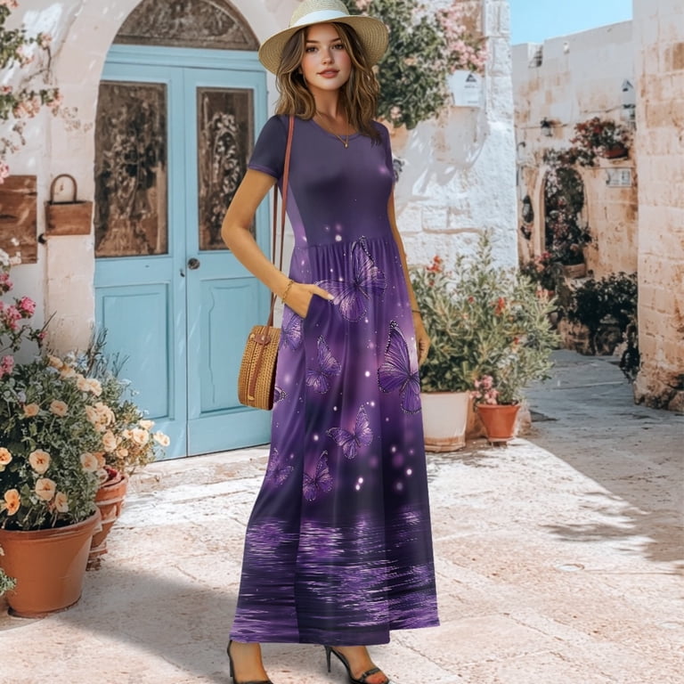 Psesaysky Purple Butterfly Galaxy Print Ladies Long Maxi Dress, Crew Neck Wrinkle Free Polyester and Spandex Short Sleeve Maxi Dress for Holiday Daily Summer