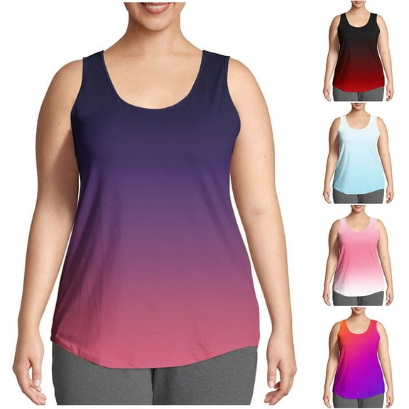 Felirenzacia Long Tank Tops For Plus Size Women Gradient Tank-Neck Basic Casual Flowy Summer Sleeveless T-Shirt Basic Tank Tops For Big and Tall Women,Purple,L