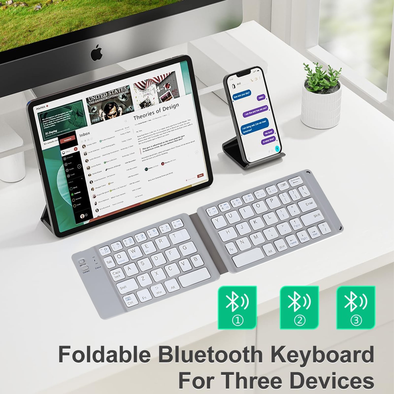 RONY Foldable Bluetooth Keyboard: Rechargeable Folding Wireless Keyboard Full Size Ultra Slim Folding Travel Keyboard for Android Windows System Laptop Tablet Smartphone, White
