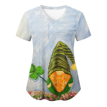 

St Patricks Day Scrub Tops for Women Summer Short Sleeve Nursing Uniform with Pocket V-Neck Green Gnomes Print Workwear