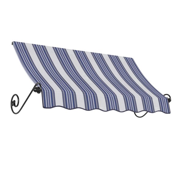 Awntech 7.38 Ft Charleston Sloped Fixed Awning with Scrolled Iron Arms (88.5in x 24in x 36in), Navy/Gray/White Multi